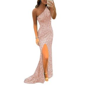 Bridesmaid / Prom - One Shoulder Rose Gold Sequins Mermaid Dress + Side Slit 6
